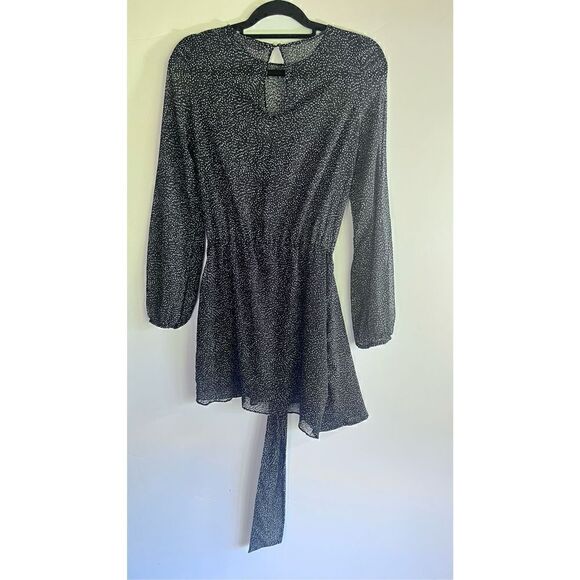 ZARA TRAFALUC BLACK WHITE DOT PRINT SEMI SHEER CROSSOVER TIE COCKTAIL DRESS LONG - Picture 6 of 15